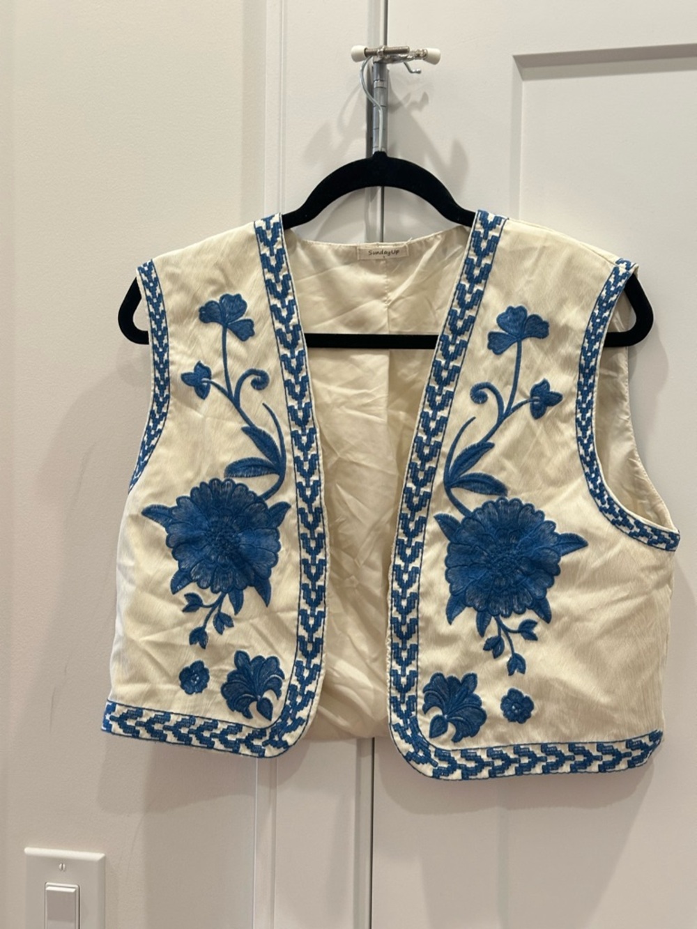 Embroidered Cream Vest with Blue Floral Detailing